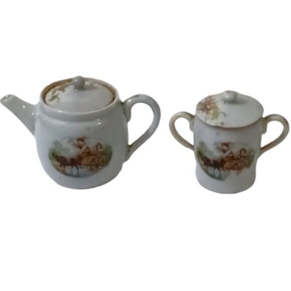 Antique Japanese Mini Teapot & Lidded 2-Handled Pot Goat Cart & Flowers Decor - Picture 1 of 13